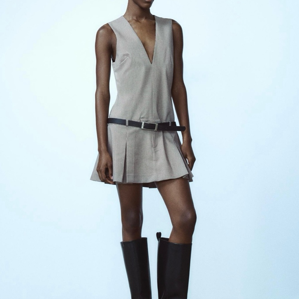 Zara Chic Plaid Sleeveless Dress with Belt size small Length